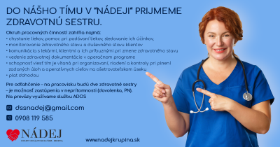 Do nášho tímu v “Nádeji“ prijmeme zdravotnú sestru